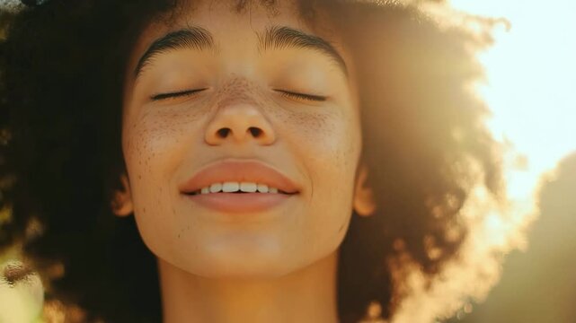 Beautiful young woman with curly hair enjoying sunlight with closed eyes and smiling face