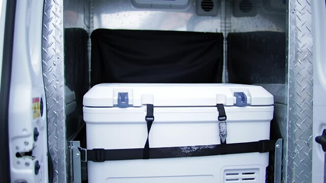 Inside van with white cooler secured by straps