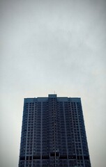 A towering modern high-rise building captured from a low-angle perspective against a muted, cloudy sky. The symmetrical composition and minimalist tones create a dramatic and contempla of a tower.