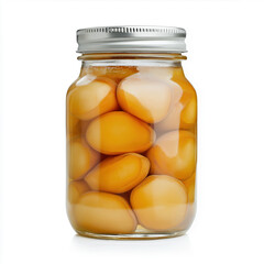 Glass jar filled with preserved whole yellow plums in syrup, isolated on white background, homemade fruit canning