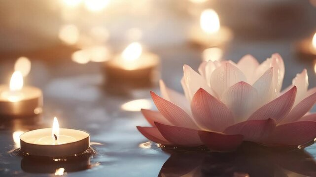 Beautiful pink lotus flower with burning candles floating on water surface