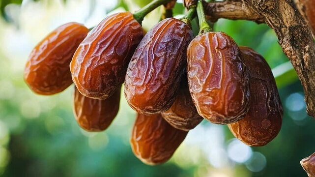 Harvest of ripe dates on a branch in the garden, agribusiness concept, organic healthy food and non-GMO fruits with space for text