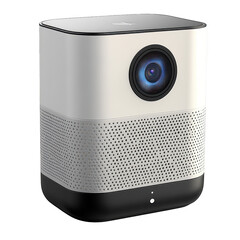 Fototapeta premium Modern white and black cube shaped projector with a large lens and perforated speaker grill isolated on transparent background