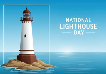 A lighthouse stands on a small island surrounded by ocean waves and seagulls flying under a cloudy sky. National Lighthouse Day concept. Illustration for poster, card or post with copy space for text.