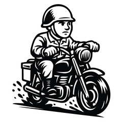 Soldier Riding Military Motorcycle Black and White Vector Illustration.eps