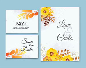 Naklejka premium Watercolor Floral Wedding Invitation and RSVP Template Set