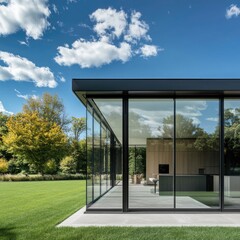 Modern glass-walled home extension, showcasing an open-plan kitchen and living area