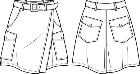 Stylish women's cargo mini skirt fashion flat technical drawing with front and back view, modern trendy apparel design, vector illustration for casual wear.