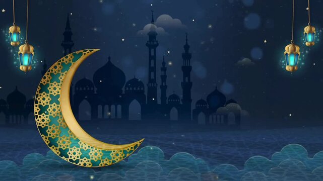 Ramadan Islamic greeting card with crescent moon decoration, banner, Arabic lanterns, ramadan celebration concept, Islamic concept, Islamic ornament rotation, Opening frame Islamic video, mosque
