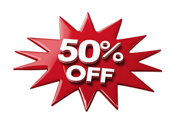 Red 50% off starburst discount label for promotional sale design.