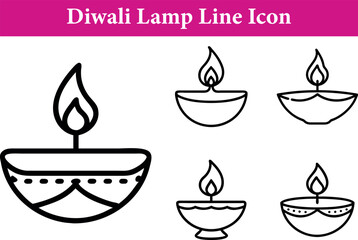 Collection of 5 simple line art icons depicting traditional Diwali oil lamps with a flame and decorative elements isolated on transparent background