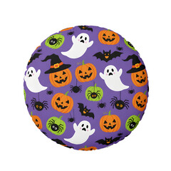 Naklejka premium Round Halloween Patterned Pillow with Ghosts, Pumpkins, and Bats isolated on a transparent background 