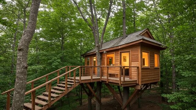Cozy wooden treehouse nestled among lush green trees with warm lights glowing at dusk