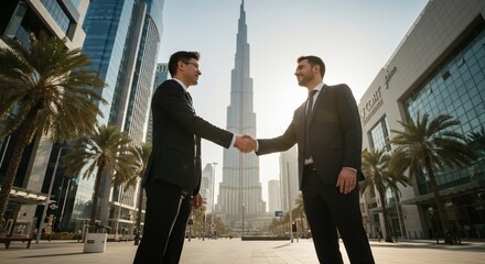 Dubai deal Tower backdrop handshake