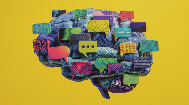 collage of brain with colorful speech bubbles, themes of constant messages, ADHD and neurodiversity, on plain yellow background