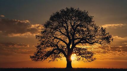 Sunset behind a solitary tree in a glowing field. Background image of silhouette image of tree growing under sun set. Photography for nature and landscape. Natural beauty design. Golden hour.