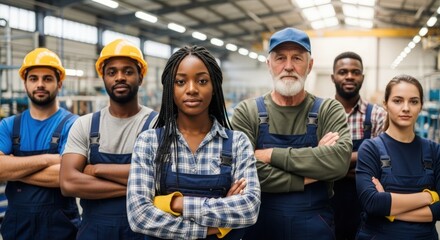 Diverse group of factory workers standing with arms crossed looking at the camera in a factory setting