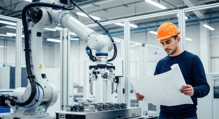 Engineer reviewing blueprints next to a robotic arm in a modern manufacturing environment setting
