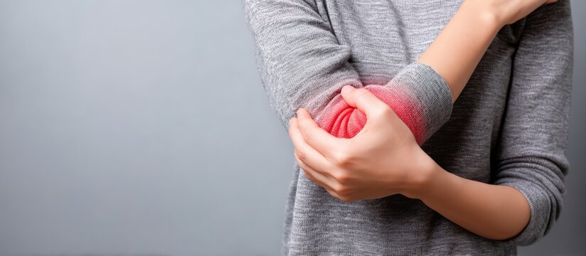 Close up of woman gripping her arm, experiencing painful elbow discomfort against a grey background, highlighting symptoms of joint inflammation