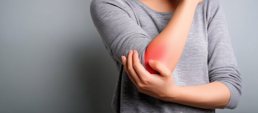 Close up of a woman holding her painful elbow, highlighted by a red spot, against a grey background
