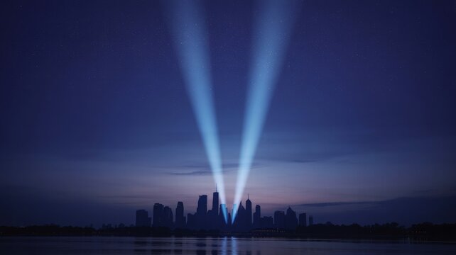Tribute in Light illuminating the City skyline at dusk A 911 Memorial Display