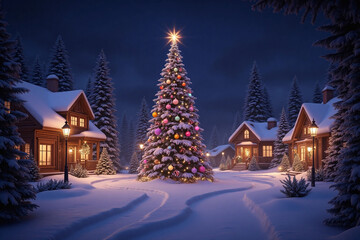 christmas village with a christmas tree in the middle of it