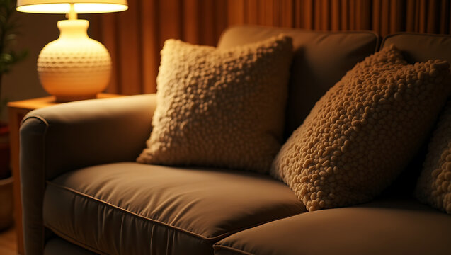 Cozy living room sofa with textured pillows and warm lamp light - Powered by Adobe