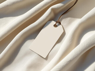 A blank product tag attached to cotton fabric, soft natural shadow, close-up view, minimal style branding mockup perfect for fashion or handmade product presentation.