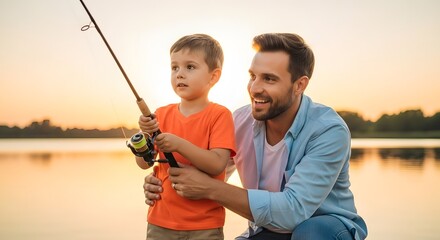Father and son fishing together at sunset