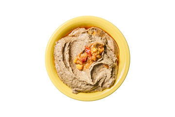 Delicious baba ghanoush dip with roasted red peppers in a yellow bowl isolated on transparent...