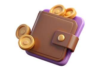 A stylized 3d illustration of a brown leather wallet filled with golden coins and resting on a purple surface symbolizing wealth and financial security