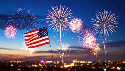 vibrant display of fireworks lights up night sky, celebrating 4th of July with American flag waving proudly in foreground, symbolizing patriotism and joy.