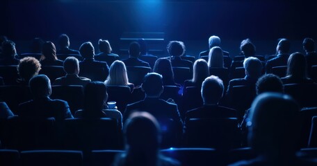 Large audience of business people sitting in a movie theater, watching a film, with dark blue lighting creating a cinematic atmosphere
