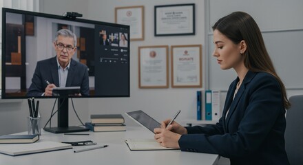 Professional women virtually meeting with mentor