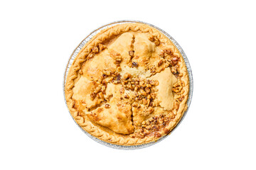 Golden brown apple pie with walnuts in foil pan isolated on transparent background