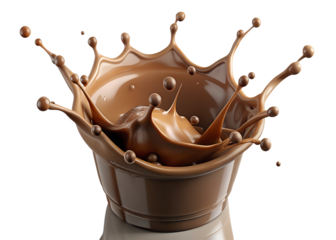 A dynamic and luxurious splash of creamy milk chocolate erupts from a bowl creating an artistic crown shape with droplets and spheres against a stark black background