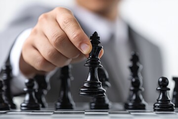 Businessman is moving a black king chess piece on a chessboard, depicting strategy, decision making, and leadership in the business world