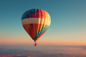 Colorful hot air balloon floating in a clear blue sky during sunrise, with wide open space