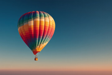 Fototapeta premium Colorful hot air balloon floating in a clear blue sky during sunrise, with wide open space