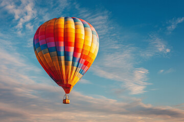 Naklejka premium Colorful hot air balloon floating in a clear blue sky during sunrise, with wide open space