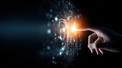 Hand touching futuristic interface with glowing light and digital data on dark background, representing digital transformation and innovation