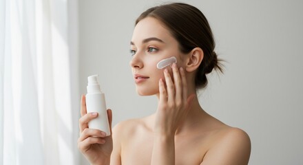 Serene woman applying moisturizer gently