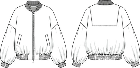 Bomber jacket technical sketch, fashion flat drawing, vector apparel template, front and back view, unisex outerwear design, CAD illustration for fashion designers