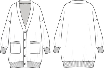 CAD cardigan sketch, oversized sweater design, button front knitwear, technical flat vector, cozy fashion drawing, long sleeve sweater, front and back view