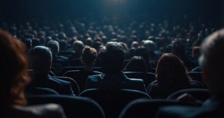 Obraz premium Audience sitting in a dark cinema, engrossed in the film on the big screen, experiencing the excitement of the performance together