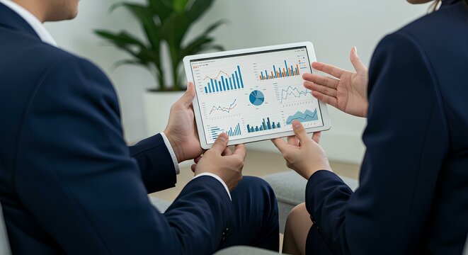 Two businesspeople analyze financial data on a tablet during a discussion in a modern office.
