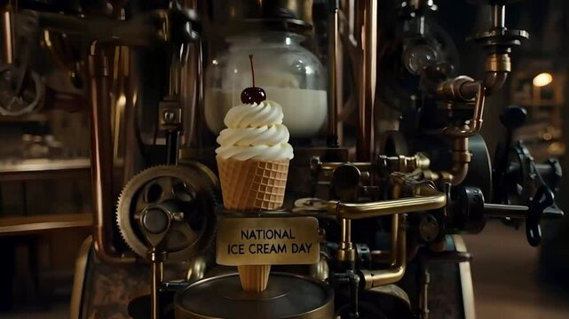 Ice cream creation! Steampunk machine dispenses an ice cream cone. Perfect for National Ice Cream Day promos, sweet treat ads, dessert showcases, and whimsical food presentations.
