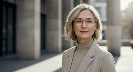 Silverhaired woman in business attire outdoors