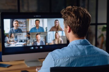 Businessman attending online meeting with coworkers, using video conferencing software on computer