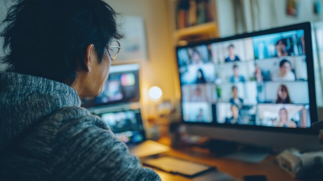 Freelancer participating in a video conference with team members while working from a home office, utilizing a computer and webcam